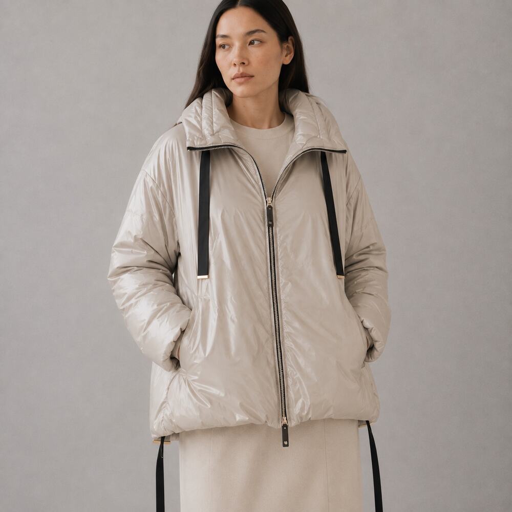 Max Mara Greenfe Oversized Down Jacket Womens 12 Ecru Cameluxe Straight Hooded